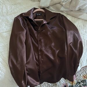 Women's Chocolate Brown Satin Button-Down Shirt